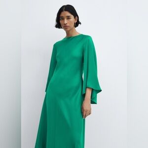 Flared Sleeve Green Satin Dress